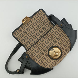 Pre-owned Fendi Zucchino Borsa Black×Beige canvas×leather 8BR429 handbag | stylenewstar
