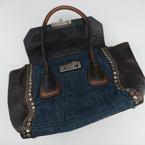 Pre-owned Prada Vintage Studded Twin Pocket Tote Blue x Brown Leather x Denim shoulderbag | stylenewstar