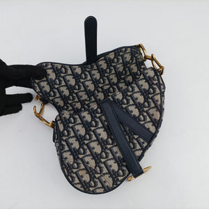 Pre-owned Christian Dior Saddle Navy Jacquard × Leather handbag | stylenewstar