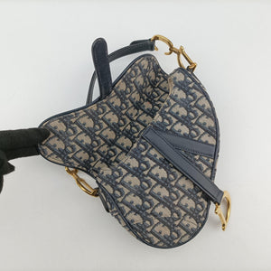 Pre-owned Christian Dior Saddle Navy Jacquard × Leather handbag | stylenewstar