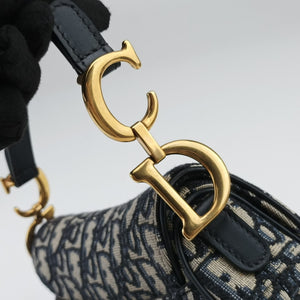 Pre-owned Christian Dior Saddle Navy Jacquard × Leather shoulderbag | stylenewstar