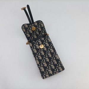 Pre-owned Christian Dior Saddle Phone holder Navy jacquard×Leather shoulderbag | stylenewstar