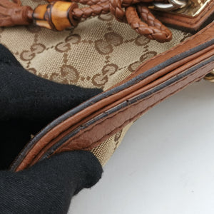 Pre-owned Gucci Bella Bamboo Tassel fringe Beige xBrown canvas×leather 269945 handbag | stylenewstar