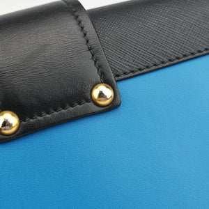 Pre-owned Prada Cahier Blue×Black Leather 1BD045 shoulderbag | stylenewstar