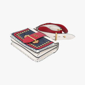 Pre-owned Prada Cahier tassen Leder Multicolour Leather×Denim 1BD045 shoulderbag | stylenewstar