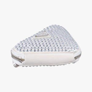 Pre-owned Prada Triangle Crystal White Leather 1NR015 shoulderbag | stylenewstar