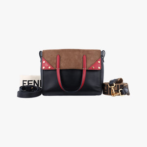 Pre-owned Fendi Flip blackx red x brown Leather× Suede 8BT302 shoulderbag | stylenewstar