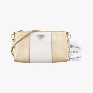 Pre-owned Prada Triangular logo plate Golden×White SAFFIANO Leather BT947C shoulderbag | stylenewstar