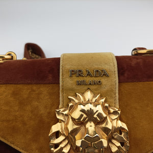 Secondhand Prada Animalier Cahier Lions Head Yellow×Brown Velvet 1BD089 shoulderbag | stylenewstar