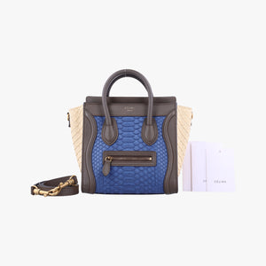 Pre-owned Celine luggage nano shopper Blue×white×Brown snakeskin shoulderbag | stylenewstar