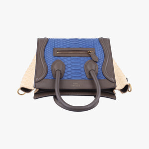 Pre-owned Celine luggage nano shopper Blue×white×Brown snakeskin shoulderbag | stylenewstar