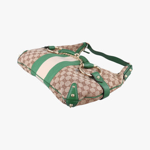Pre-owned Gucci Horsebit Beige x Green x White canvas×leather 131026 shoulderbag | stylenewstar