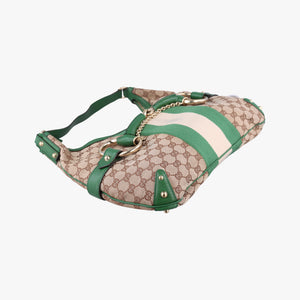 Pre-owned Gucci Horsebit Beige x Green x White canvas×leather 131026 shoulderbag | stylenewstar