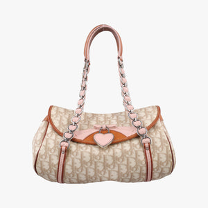 Pre-owned Christian Dior Romantique Trotter Beige x White x Pink PVC Coated Canvas x leather shoulderbag | stylenewstar