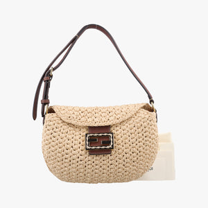 Pre-owned Fendi Croissant Crochet Beige straw 8BR790 shoulderbag | stylenewstar