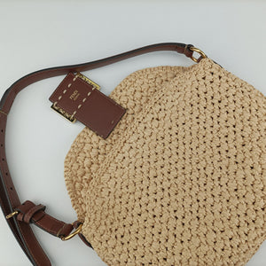 Pre-owned Fendi Croissant Crochet Beige straw 8BR790 shoulderbag | stylenewstar