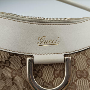 Pre-owned Gucci Abbey D-ring Hobo Beige×White canvas×leather 189833 handbag | stylenewstar