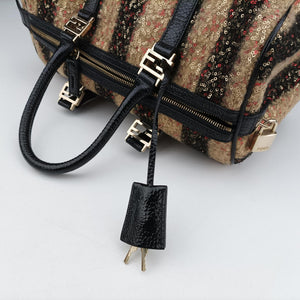 Pre-owned Fendi Forever Bauletto Black Sequin-embellished wool striped fabric × patent 8BL098 handbag | stylenewstar