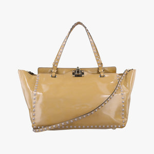 Pre-owned Valentino Rockstud khaki Patent Leather shoulderbag | stylenewstar
