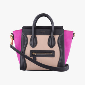 Pre-owned Celine luggage nano shopper Beige x Black x Purple leather x Suede shoulderbag | stylenewstar