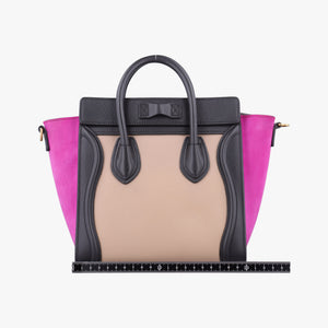 Pre-owned Celine luggage nano shopper Beige x Black x Purple leather x Suede shoulderbag | stylenewstar