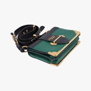 Pre-owned Prada Cahier Green×black Leather 1BD045 shoulderbag | stylenewstar