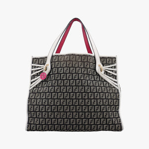 Pre-owned Fendi Zucca Pattern Tote Navy × White Canvas×Leather 8BH153 handbag | stylenewstar