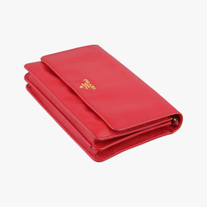 Pre-owned Prada Metal Wallet on Chain Cornflower Clutch Red Saffiano Leather 1MT290 shoulderbag | stylenewstar