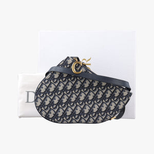 Pre-owned Christian Dior Saddle Navy Jacquard×Leather shoulderbag | stylenewstar