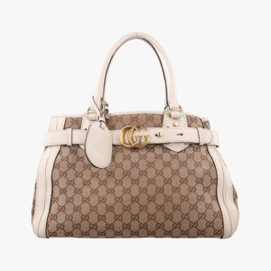 Pre-owned Gucci GG Running White×Brown canvas×leather 247183 handbag | stylenewstar
