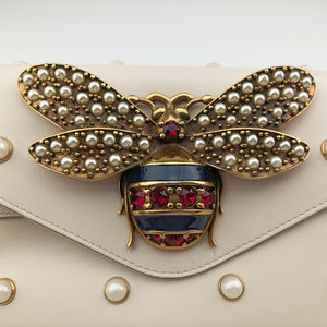 Pre-owned Gucci Broadway Pearl Bee White Leather 453778 shoulderbag | stylenewstar