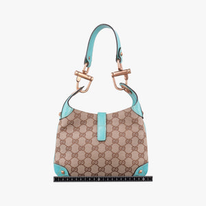 Secondhand Gucci Piston Lock Jackie Hobo khaki×blue canvas×leather 120885 shoulderbag | stylenewstar