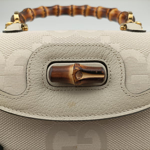 Pre-owned Gucci New Bamboo White Leather×Canvas 675797 shoulderbag | stylenewstar