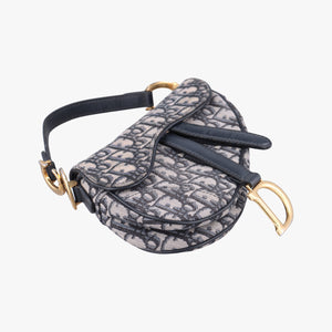 Pre-owned Christian Dior Saddle Navy Jacquard × Leather shoulderbag | stylenewstar