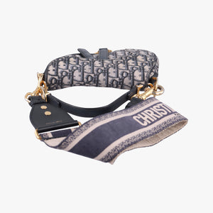 Pre-owned Christian Dior Saddle Navy Jacquard × Leather shoulderbag | stylenewstar