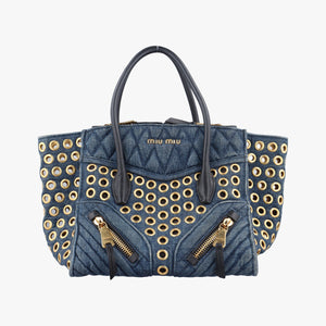 Pre-owned Miu Miu Biker Blue Leather x Denim handbag | stylenewstar