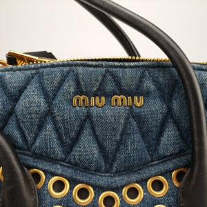 Pre-owned Miu Miu Biker Blue Leather x Denim handbag | stylenewstar