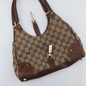 Pre-owned Gucci New Jackie Beige × Brown Canvas × Leather 124409 shoulderbag | stylenewstar