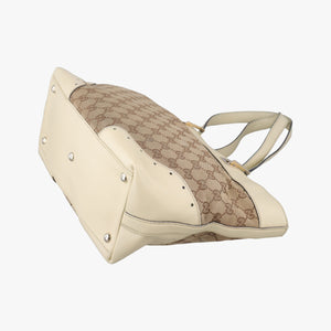 Pre-owned Gucci logo plate White×Beige Leather×Canvas 145993 handbag | stylenewstar