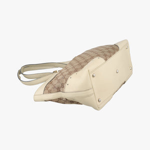 Pre-owned Gucci logo plate White×Beige Leather×Canvas 145993 handbag | stylenewstar