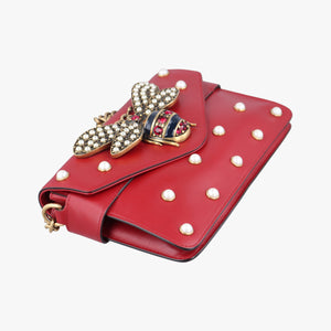 Pre-owned Gucci Broadway Pearl Bee Red Leather 453778 shoulderbag | stylenewstar