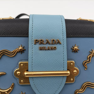 Pre-owned Prada City Calf Astrology Cahier ブルー×ブラック Saffiano leather×Leather shoulderbag | stylenewstar