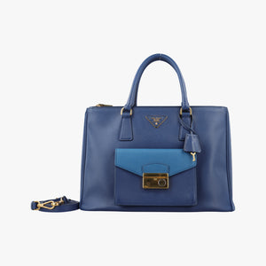Pre-owned Prada Galleria front pocket Blue SAFFIANO Leather BN2674 shoulderbag | stylenewstar