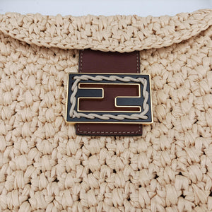 Pre-owned Fendi Croissant Crochet Beige straw 8BR790 shoulderbag | stylenewstar