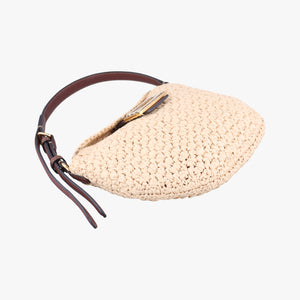 Pre-owned Fendi Croissant Crochet Beige straw 8BR790 shoulderbag | stylenewstar