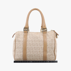Pre-owned Fendi Zucchino Forever Bauletto beige canvas 8BL063 handbag | stylenewstar