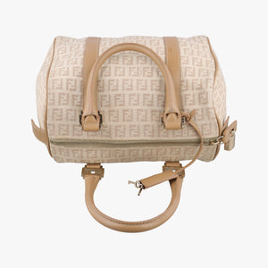 Pre-owned Fendi Zucchino Forever Bauletto beige canvas 8BL063 handbag | stylenewstar