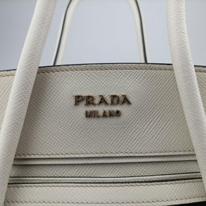 Pre-owned Prada Logo White×Black Saffiano leather×leather×canvas BN2595 shoulderbag | stylenewstar