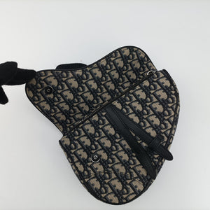 Pre-owned Christian Dior saddle Navy×Gray JacquardxLeather shoulderbag | stylenewstar
