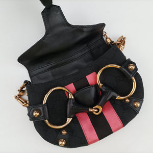 Secondhand Gucci Horsebit Web Black×pink Canvas×silk 129498 shoulderbag | stylenewstar